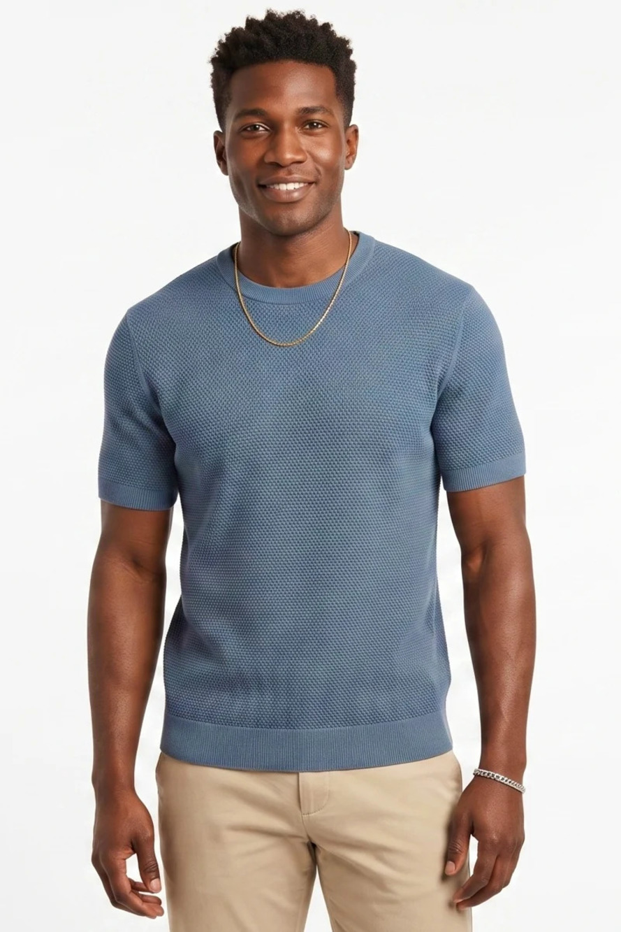 HEDGE Blue Knit Textured Tee/31167